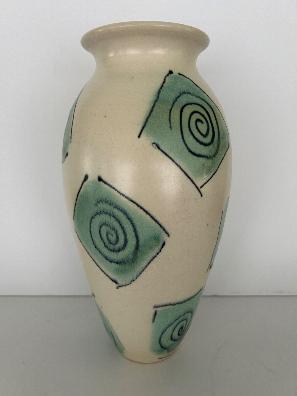 Signed Chapman Satin Finish MCM Studio Pottery 10 3/4" Cream & Teal Tall Vase